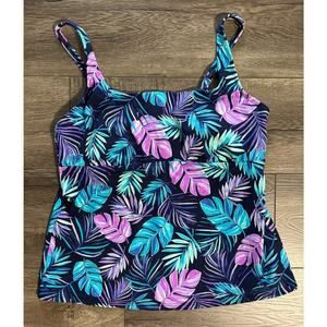 Lands End Navy‎ Blue Tropical Leaves Tankini Top Size 14P